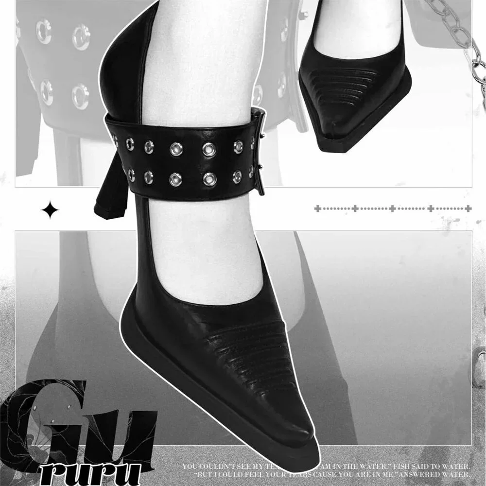 🆕 Women's Black Pu Mary Jane Closed Pointed Toe High Heel Pumps Punk Heels